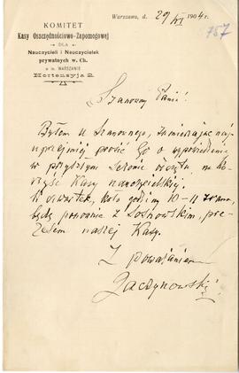 List od Adama Jaczynowskiego do Erazma Majewskiego (rękopis na papierze firmowym Komitetu Kasy Os...