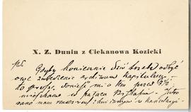 Bilet wizytowy Kozickiego z dopisaną odręcznie wiadomością z dn. 27.07.1892 r. (awers)