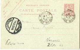 Karta pocztowa od Włodzimierza Bugiela do Erazma Majewskiego (druk  rękopis  stemple)  strona 1 (...