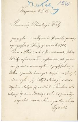List od dr. Łęgowskiego do Redakcji "Wisły" (rękopis)  strona 1