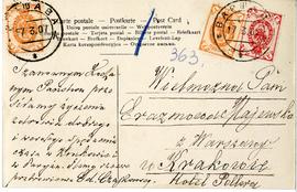 Widokówka od Edwarda Czajkowskiego do Erazma Majewskiego (rękopis  druk  znaczki  stemple)  strona 2