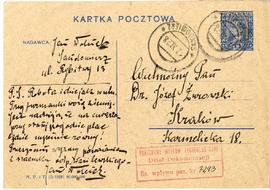 Karta pocztowa z rękopisem listu Jana Wańka do Józefa Żurowskiego z dnia 17.11.1928 r.  strona 1 ...
