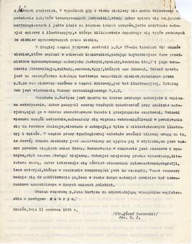 Maszynopis. Ocena pracy magisterskiej Jana Bartysa pt. "Siekiery krzemienne w zbiorach krako...