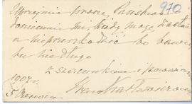 Bilet wizytowy Ireny Karłowiczowej z odręczną notatką (rękopis)  strona 2