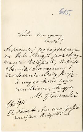 List od Aleksandra Głowackiego do Erazma Majewskiego (rękopis)  strona 1