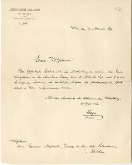 List od Hegera do Erazma Majewskiego (druk  rękopis)  strona 1