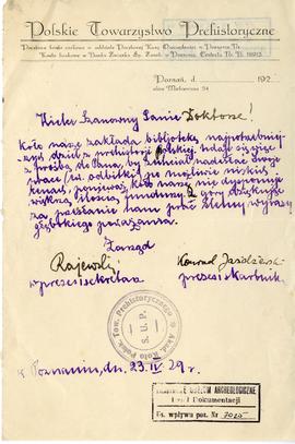 Rękopis pisma Zarządu Polskiego Towarzystwa Prehistorycznego w Poznaniu do Józefa Żurowskiego  z ...