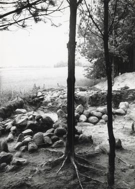 Fotografia czarno-biała (odbitka) obiektów archeologicznych  na cmentarzysku kurhanowym w miejsco...