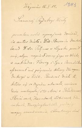 List od dr. Łęgowskiego do Redakcji "Wisły" (rękopis)  strona 1