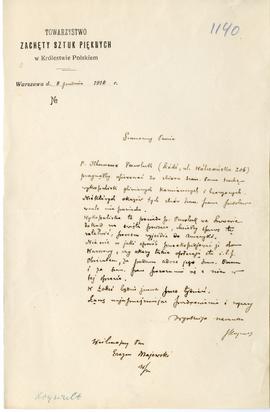 List (rękopis na pepierze firmowym) od J. Krywulta do Erazma Majewskiego