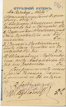 Przekaz pocztowy od Aleksandra Bydłowskiego do Erazma Majewskiego (druk  rękopis  stempel)  strona 1