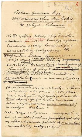 Rękopis Erazma Majewskiego. Tytuł: „Jakiem powinno być mianownictwo polskie w zoologii i botanice”