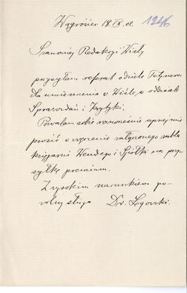 List od dr. Łęgowskiego do Redakcji "Wisły" (rękopis)  strona 1