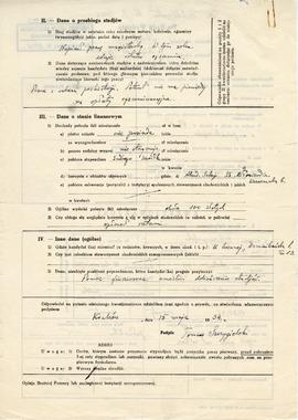 Wypełniony rękopisem kwestionariusz z dnia 15.05.1934 r. z prośbą Tomasza Szczygielskiego  studen...