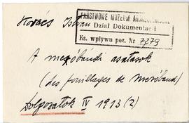 Fiszka z odręcznymi notatkami bibliograficznymi Józefa Żurowskiego  strona 1: "Kovacs Istvan...