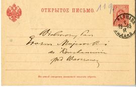 Karta pocztowa od Edwarda Bogusławskiego do Erazma Majewskiego (druk  rękopis  stempel)  strona 1