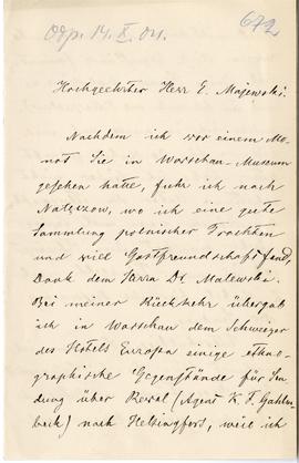 List od Axela O. Heikela do Erazma Majewskiego (rękopis)  strona 1