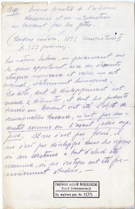 Odręczny wypis Józefa Żurowskiego w języku francuskim z publikacji pt. Origine orientale de l'orf...
