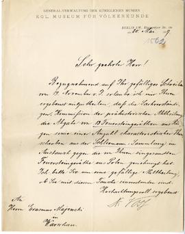 List z Kgl. Museum Für Völkerkunde w Berlinie do Erazma Majewskiego (druk  rękopis)  strona 1