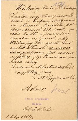 Karta pocztowa od Antoniego Brydzińskiego do Erazma Majewskiego (rękopis)  strona 2