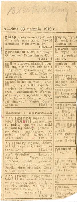 Wycinek prasowy z Gazety Porannej R. 8  1919  nr 237  str 6  z dn. 30.08.1919 r. zawierający ogło...
