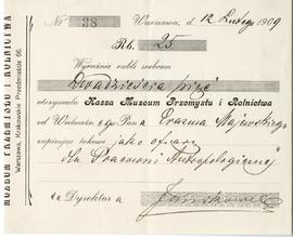 Kwit kasowy nr 38 z 12 lutego 1909 r.  wystawiony dla Erazma Majewskiego przez Muzeum Przemysłu i...