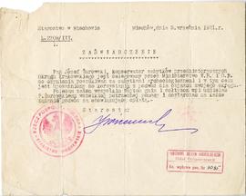 Maszynopis zaświadczenia Starostwa w Miechowie z dnia 5.09.1921 r. o prawie Józefa Żurowskiego  k...