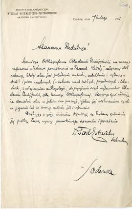 List od Tadeusza Estreichera do Erazma Majewskiego (druk  rękopis)  strona 1