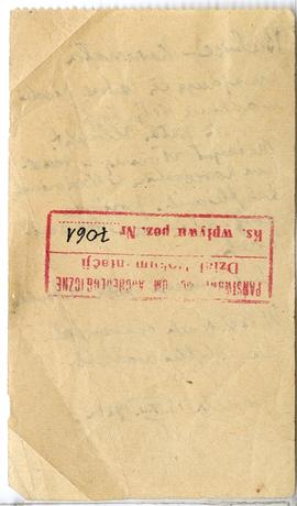 Odręczna notatka na temat znalezisk archeologicznych z Babic-Kwaczały  strna 2: pieczątka Działu ...