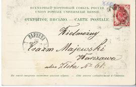 Karta pocztowa od Szczęsnego Jastrzębowskiego do Erazma Majewskiego (druk  rękopis  znaczek  stem...