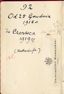 Notatnik nr 92 z odręcznymi notatkami Erazma Majewskiego z okresu od 25.12.1918 r. do czerwca 191...