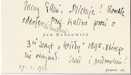 Bilet wizytowy Jana Karłowicza z odręczną notatką (druk  rękopis)  strona 1