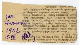 Wycinek prasowy (rewers) z dn. 16.07.1902 r.  z odręczną notatką: "Gazeta Lwowska  1902  15 ...