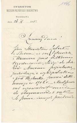 List od Józefa Leskiego  Dyrektora Muzeum Przemysłu i Rolnictwa w Warszawie  do Erazma Majewskieg...