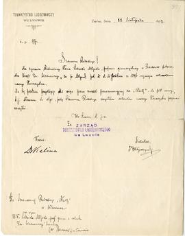 List z Zarządu Towarzystwa Ludoznawczego we Lwowie do Erazma Majewskiego (rękopis)  strona 1