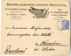 Firmowa koperta z  Bibliothek Romanische Meistererzähler  zaadresowana do Erazma Majewskiego  (aw...