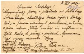 Karta pocztowa od Felicji Koskówny do Erazma Majewskiego, strona 1