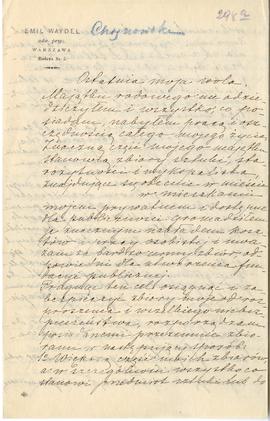 List od Emila Waydel do Erazma Majewskiego oraz kopia testamentu Józefa Choynowskiego (rękopis  d...