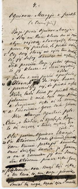 Fragment rękopisu tłumaczenia na język polski serbskich pieśni ludowych  strona 1: "Ogniowa ...