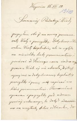 List od dr. Łęgowskiego do Redakcji "Wisły" (rękopis)  strona 1