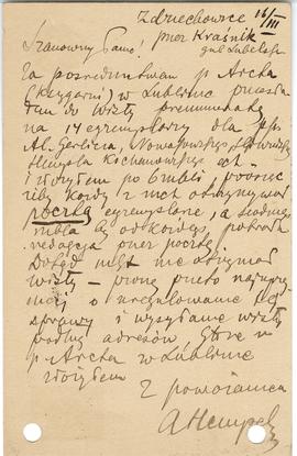 Kartka pocztowa od A. Hempla do Erazma Majewskiego (rękopis)  strona 2 (rewers)