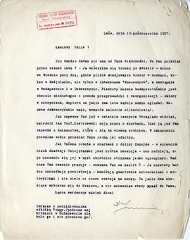 Maszynopis listu Tadeusza Sulimirskiego do Józefa Żurowskiego z dnia 19.10.1927 r.  strona 1