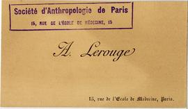 Wizytówka (A. Lerouge) - znajduje się w kieszonce Notatnika nr 60 z odręcznymi notatkami Erazma M...