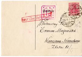 Karta pocztowa Romualda Erzepki do Erazma Majewskiego (druk  rękopis  stemple)  strona 1 (awers)